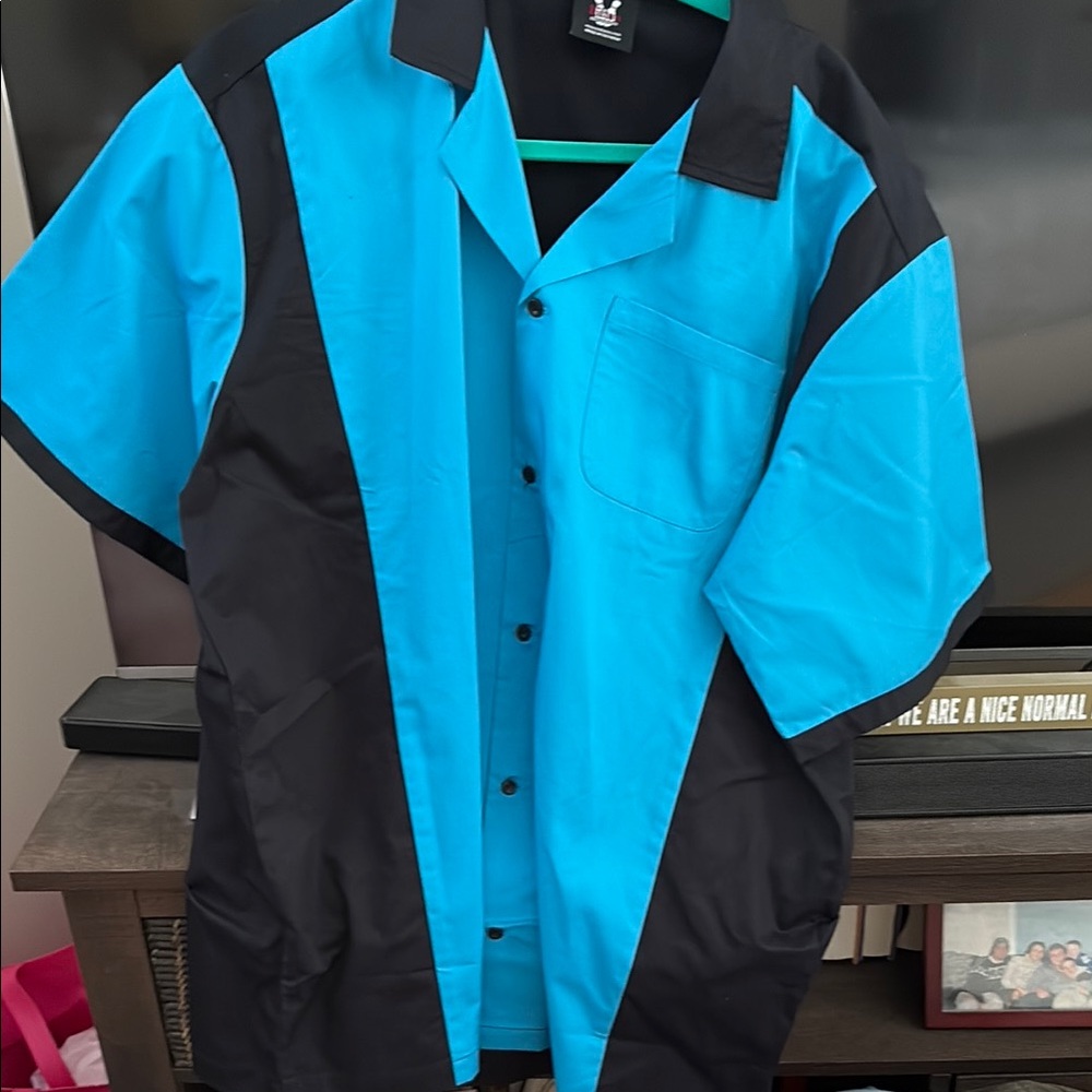 Blue and Black Button-Up Bowling Shirt